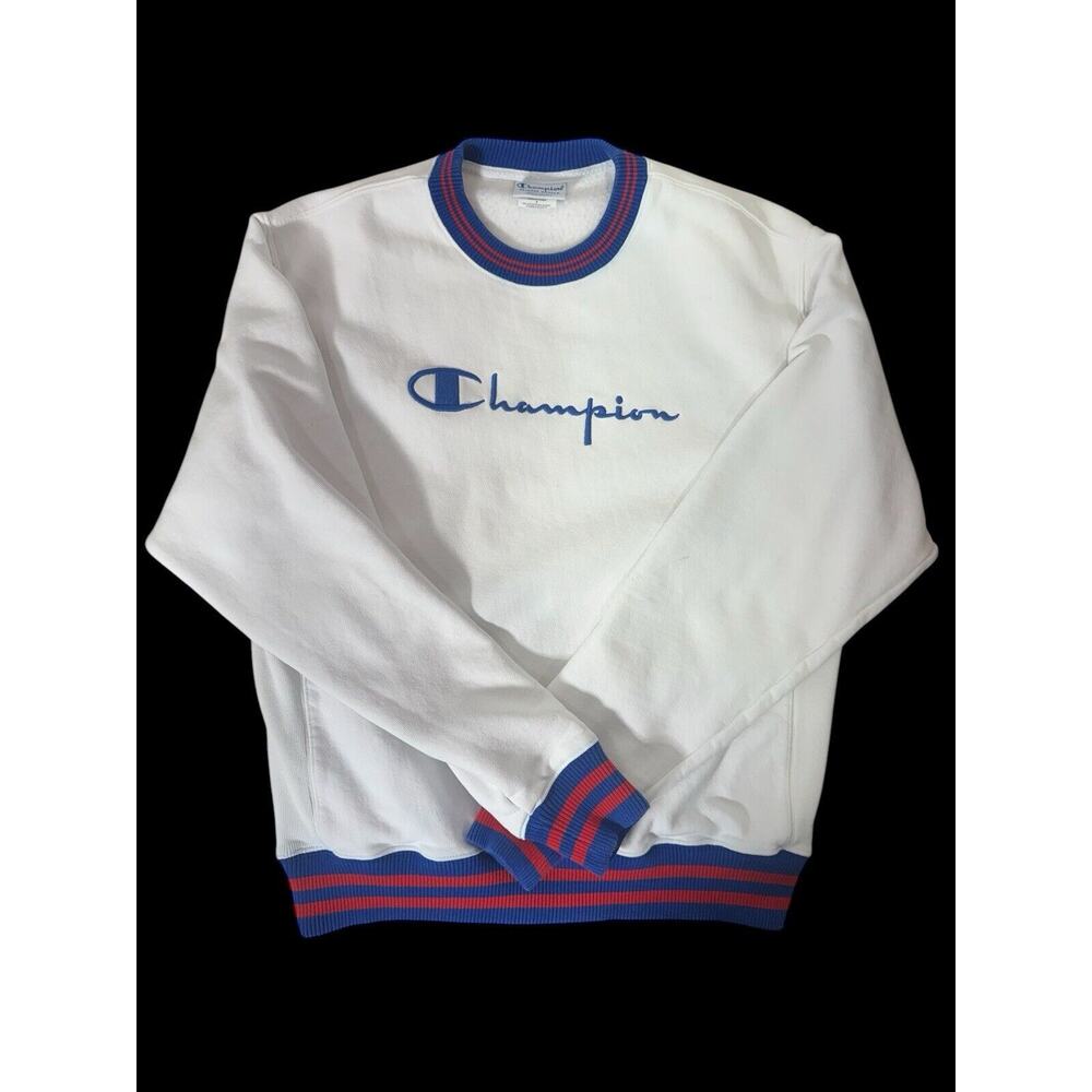 Vintage 90s Champion Reverse Weave White Blue Red White Ringer Sweatshirt